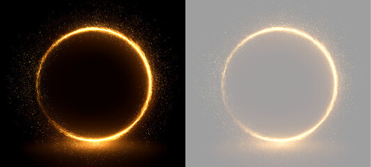 Glowing golden energy circle frame with fire sparks on black and transparent background. Radiant magic ring light effect © Светлана Гончаренко
