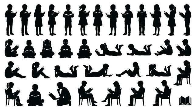 Group of children reading books depicted as black silhouette vector illustration for educational design project use