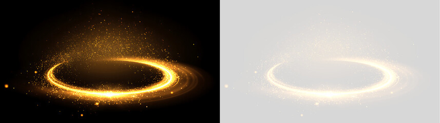 Glowing golden circle with swirling particle trail and bright sparks. Dynamic light swirl and magic round podium effect on transparent and black background © Светлана Гончаренко