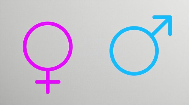 Pink female symbol and blue male symbol stand side by side. These gender icons represent relationships, gender identity, and human connection. Simple graphic art.