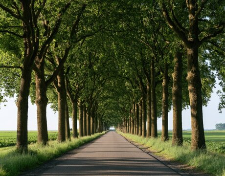Long, straight road flanked by mature trees forming a leafy archway