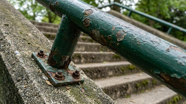 Aged green metal handrail, severely rusted and paint-peeling, bolted to a concrete staircase, capturing the essence of decay and neglect in an outdoor, time-worn setting