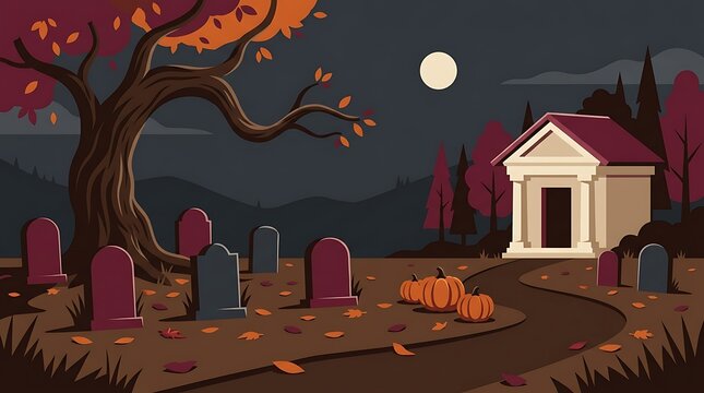 Spooky halloween cemetery with tombstones pumpkins and a mausoleum at night under a full moon