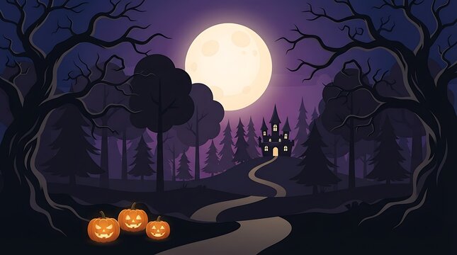 Spooky cemetery with old tombstones and a small crypt at night under a full moon