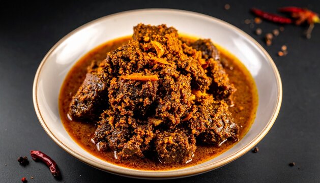 Authentic Indonesian Beef Rendang on Plate with Dramatic Lighting