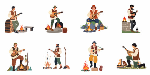 Fototapeta premium Set of flat vector illustrations depicting medieval men playing lutes and mandolins by campfires in various rustic outdoor settings.