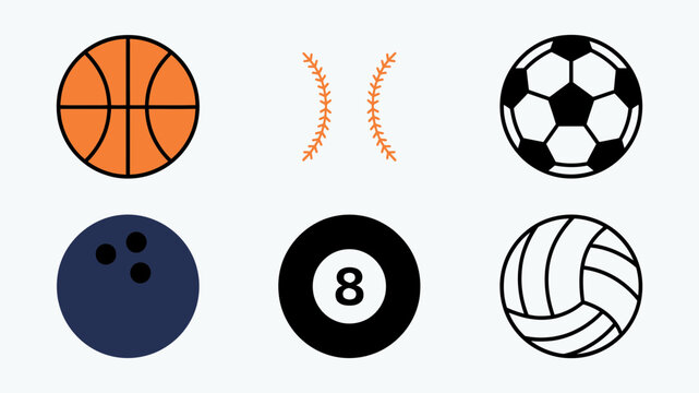 Set of six different sports balls icons isolated on transparent background