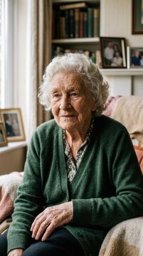 Aged matriarch ponder: peaceful retirement, warm lifestyle, mental recollection, silent wisdom, classic interior, calm demeanor, tender memory, gentle expression.