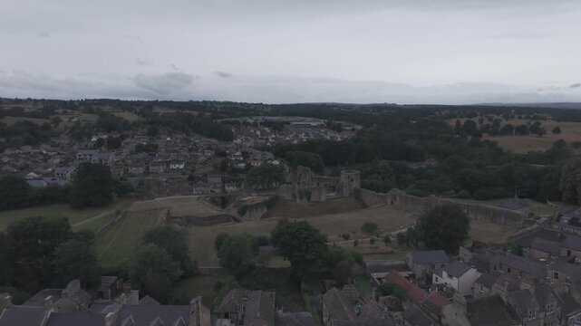 BARNARD CASTLE, UK - AUGUST 2026: Aerial view of historic Barnard Castle, River Tees and surrounding market town in County Durham (M-Log Flat Profile)
