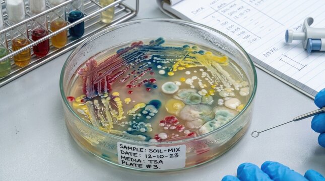 Microbial agar culture: petri dish, soil sample, bacterial growth, mold colony, science lab, log detail, chemical analysis, latex finger, glass vial, study specimen, observe microbe.