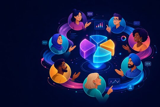 Diverse Team Collaborating Around Glowing 3D Data Chart Infographic