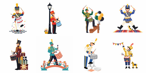 Fototapeta premium Set of eight flat illustrations featuring various drummers in marching band and toy soldier uniforms performing in different festive settings.