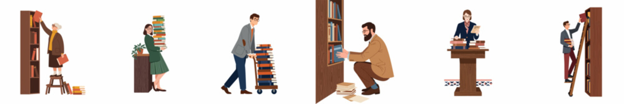 Set of illustrations depicting librarians and people organizing, carrying, and reading books in a library or bookstore setting on a white background.