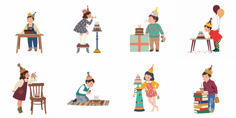 Fototapeta premium Collection of cute children celebrating birthdays with cakes, party hats, and balloons in a flat illustration style.