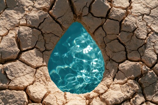 Water droplet on parched, cracked earth, symbolizing drought relief