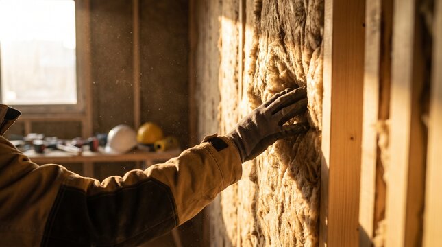 A construction worker installs mineral wool between wooden wall studs, improving thermal insulation and energy efficiency during building construction.