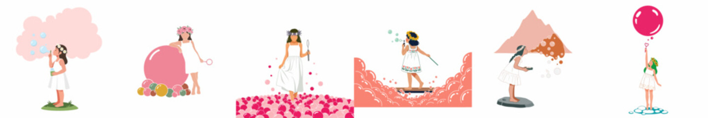 Set of Whimsical Illustrations of a Little Girl in a White Dress Interacting with Pink Flowers, Balloons, and Clouds