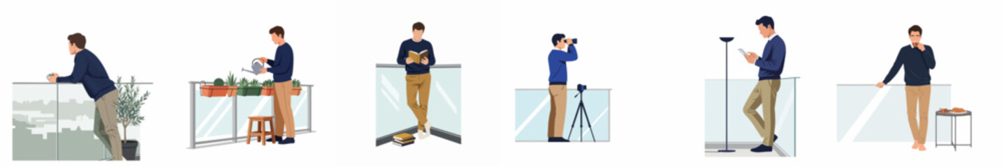 Fototapeta premium Set of vector illustrations depicting a man engaged in various leisure activities on a modern apartment balcony against a white background.
