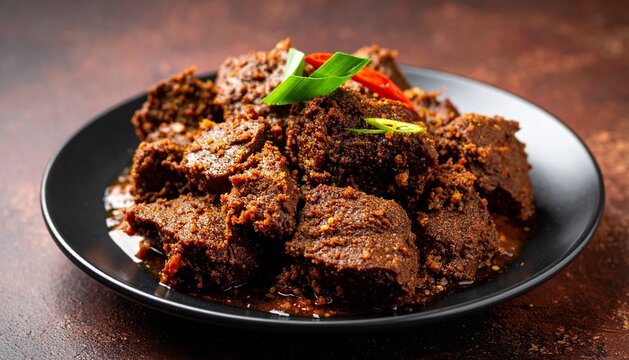 Authentic Indonesian Beef Rendang on Plate with Dramatic Lighting