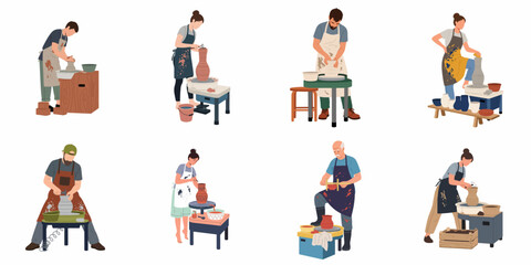 Fototapeta premium Set of diverse potters working on pottery wheels, creating ceramic vases and bowls, flat vector illustration isolated on white background.