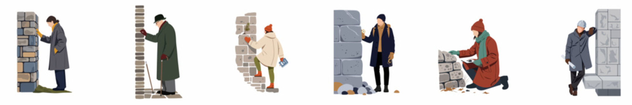 Set of diverse architectural entourage illustrations showing people in winter coats interacting with stone and brick walls on a white background.
