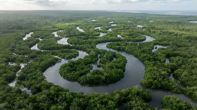 Winding river aerial view, winding river in dense green jungle, tropical rainforest landscape with meandering water stream