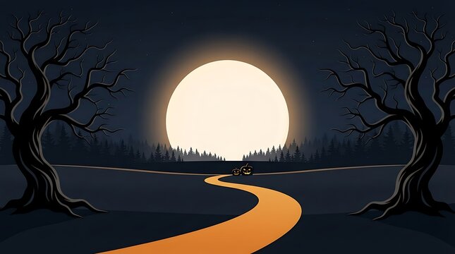 Full moon at night with spooky trees and a glowing orange path in a dark forest landscape