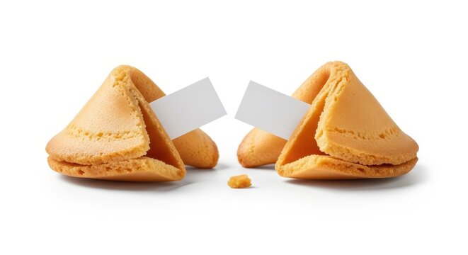 Two Broken Fortune Cookies with Blank White Paper Slips Isolated on White Background for Custom Text and Messages