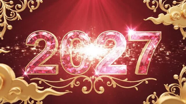 Pink crystal 2027 numbers with gold ornaments on red background