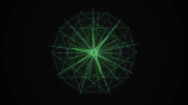 Glowing green geometric lines radiate outward from a central point against a dark background, forming an intricate starburst pattern with faint overlapping polygons.