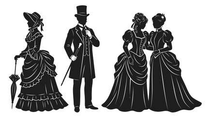 Obraz premium Elegant Vintage Couple in Formal Clothing, Gentleman in Top Hat and Woman in Evening Dress, Classic Fashion, Luxury, Romance and Historical Lifestyle Illustration