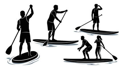 Naklejka premium People Participating in Paddleboarding and Water Sports, Stand Up Paddleboard, Outdoor Recreation, Fitness, Adventure, Exercise and Aquatic Activity Illustration