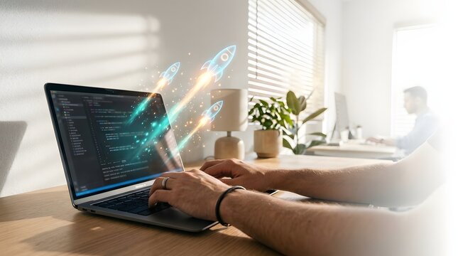 Business Startup Growth Concept with Laptop and Rocket Icons Launching from Screen