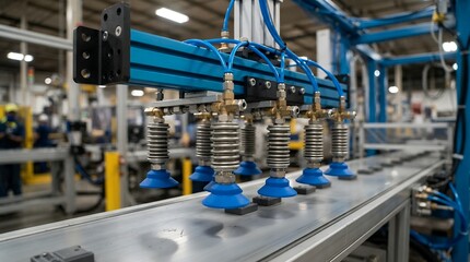 Fototapeta premium Automated vacuum suction cups on conveyor belt, industrial robotic arm assembly line, smart factory manufacturing process
