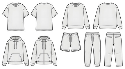 Naklejka premium Apparel technical fashion sketches set sweatshirt hoodie shorts pants