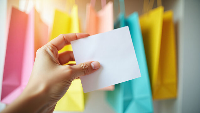 Hand Holding Receipt with Shopping Bags Background