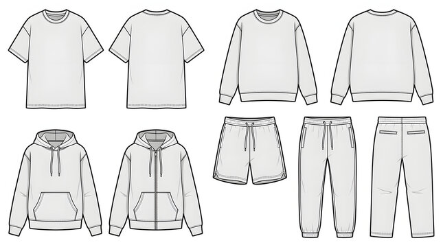 Apparel technical fashion sketches set sweatshirt hoodie shorts pants