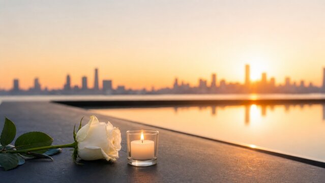 Serene memorial scene featuring a single white rose and a lit candle