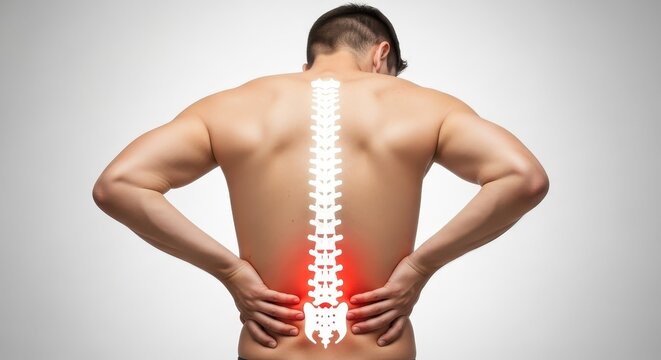 Man Suffering from Lower Back Pain with Human Spine Graphic Overlay for Medical and Chiropractic Concepts