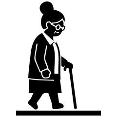 Fototapeta premium Elderly woman walking cane silhouette design black icon isolated white background old age.
