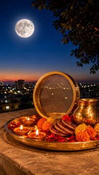 Celebrate Karwa Chauth with this traditional puja thali featuring a sieve, decorations and moon