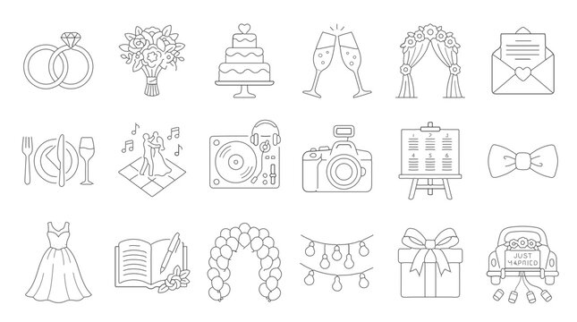 Wedding and party line icon collection featuring bridal decor, celebration elements, and event outline vector symbols