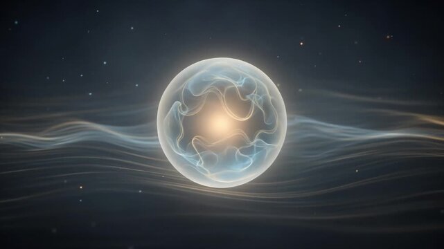 Luminous energy orb pulsing in dark space with ethereal waves