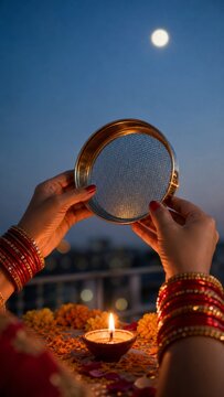 Traditional Indian woman celebrating Karva Chauth festival at nigh