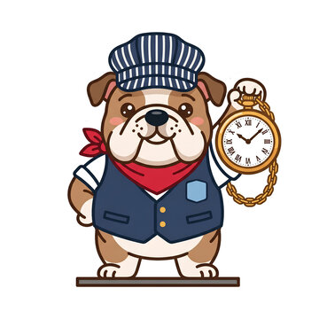Cute Bulldog Train Engineer with Pocket Watch