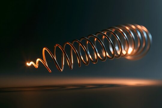 A glowing metal spring coil floating in a dark space, creating a spiral shape with warm light reflections and a soft shadow on the surface