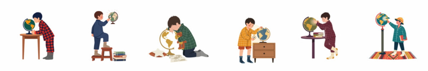 Set of vector illustrations featuring young boys exploring the world through globes, depicting curiosity, learning, and home education in a flat style.