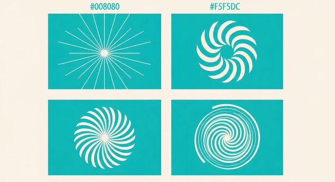 Set of Four Minimalist Geometric Circular Patterns and Sunburst Icons in Teal and Beige Colors for Graphic Design