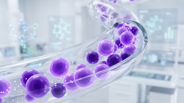 Abstract science visualization of purple cellular structures floating in a lab