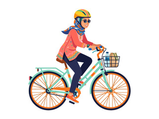 Fototapeta premium Young Woman Riding Colorful Bicycle With Basket.